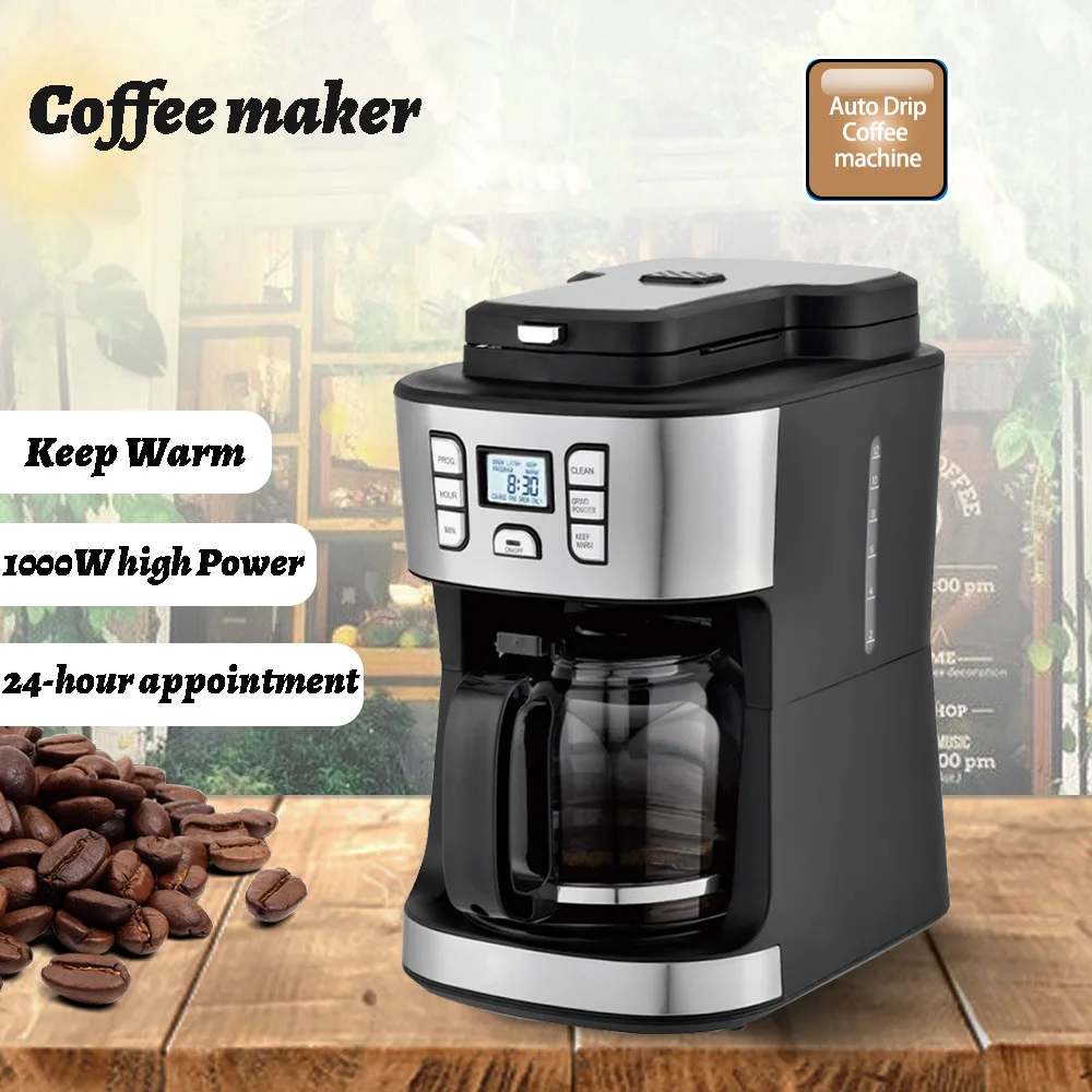Generic Edelstahl Filterkaffeemaschine mit Mahlwerk 1.8L 1000W Auto Drip Kaffeeautomat 24h Timer Warmhaltefunktion Image