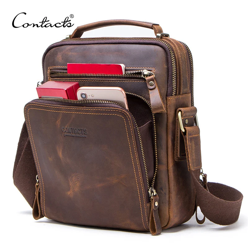 Borsa a Tracolla in Pelle Crazy Horse CONTACT'S per Uomo, Borse Messenger Vintage, Borse a Tracolla Maschili, Borsa a Mano da Uomo, Borsa a Tracolla