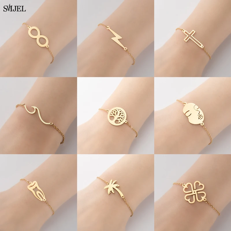 Neue Edelstahl Charm Armbänder Mode Blitz Unendlichkeit Ozean Welle Blume Armband Gesicht Zahn Kokospalme Armreif Schmuck Image