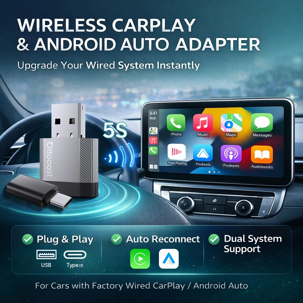 Ottocast Mini Nova Kabelloser CarPlay & Android Auto Adapter 2-in-1 USB-Dongle Plug & Play Automatische Wiederverbindung Schnelle Stabile Verbindung Image