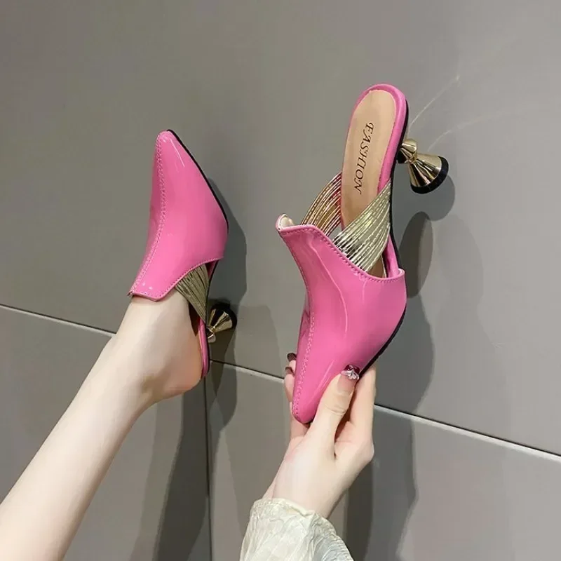 Grüne Elegante 7,5cm Hohe Absätze Mules Damen Pantoletten Spitze Schuhe Sommer Mode Schuhwerk Große Größen 46 Slipper