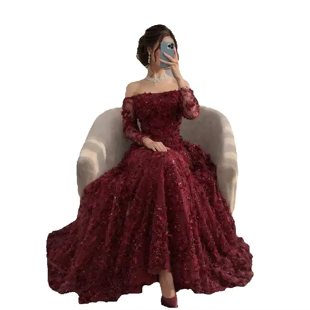 Customized Burgundy Prom Dress Off Shoulder 3D Floral Applique Mermaid Evening Gown With Overskirt Women Wedding Formal Occasion