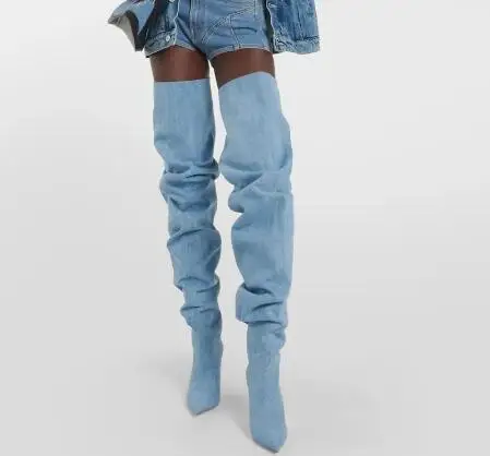 Sexy Blau Denim Spitz Plissee Lose Über Das Knie Stiefel Frauen Rohr Slip Auf Dünne Fersen Oberschenkel Lange Botas Schuhe Drop Verschiffen