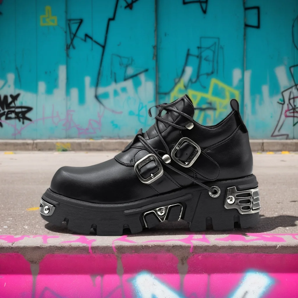 2026 neue Dark Punk Stil Frau Gothic Flamme Geschnitzt Vintage Rock Stiefel Leder Schuhe Metall Nische Low Top Plattform Schuhe
