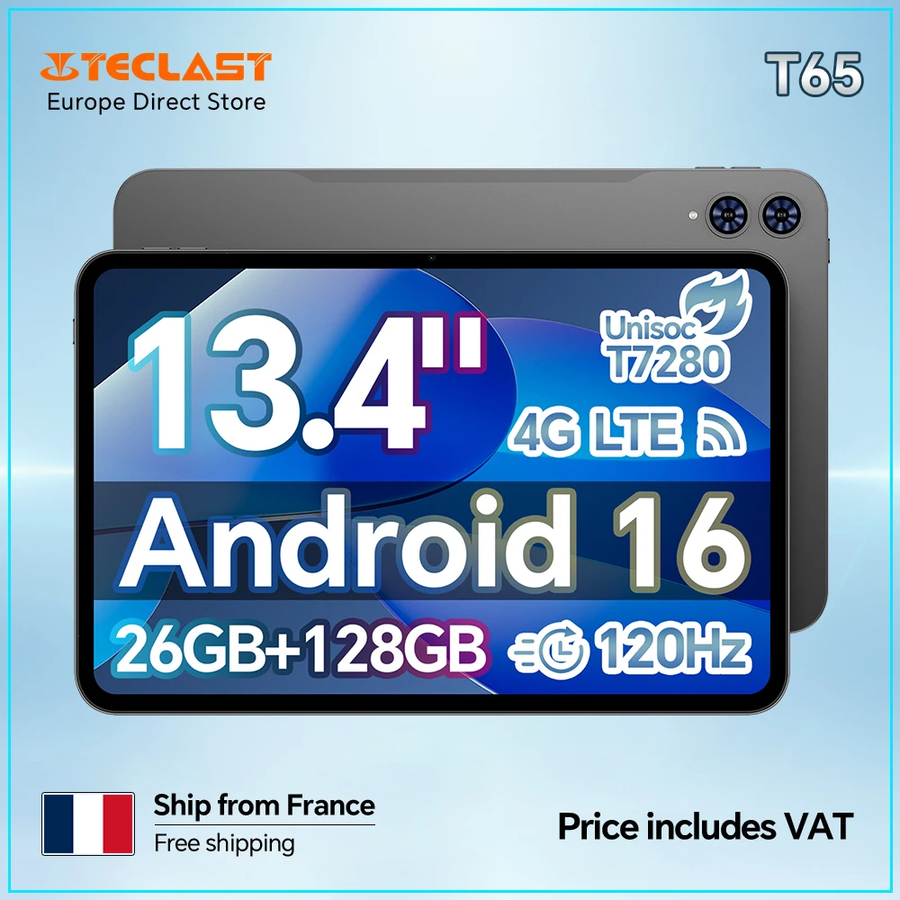 Teclast T65 13,4-Zoll-Tablet Android 16 120Hz IPS 26GB RAM (6GB+20GB) 128GB ROM T7280 8-Kern 4G LTE 8000mAh Typ-C GPS 13MP Kamera Image