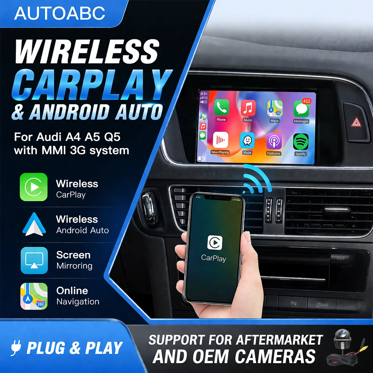Kabelloser CarPlay Android Auto Interface Adapter für Audi A4 B8 A5 Q5 2009-2015 mit Bluetooth GPS-Navigation und Airplay-Funktion Image
