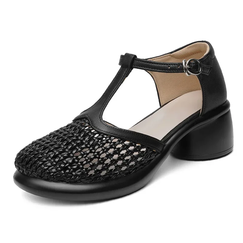 5 cm Plus Größe 35-42 Runde Kopf Ausschnitt Echtes Leder Sandalen T Strap Schuhe 2025 Sommer Med Block Heels Gladiator Sandalen Mama