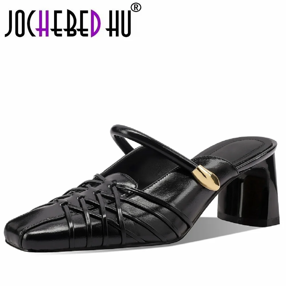 【JOCHEBED HU】Handgefertigte Damensandalen aus weichem, echtem Leder mit mittelhohem Absatz, Sommer-Freizeitschuhe mit bequemem Fußbett, Größe 33–43