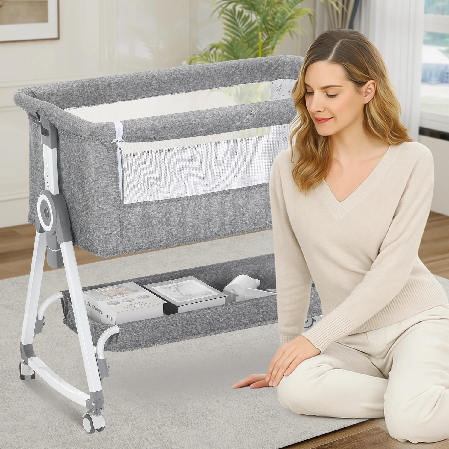 Babyschale mit Rollen, 2-in-1-Wickeltisch (mit Stauraum), höhenverstellbar, Kinderbett, Matratze, Laufstall, Moskitonetz; geeignet für Neugeborene bis 36 Monate. Abmessungen: 92 x 52 x 70-83 cm Image
