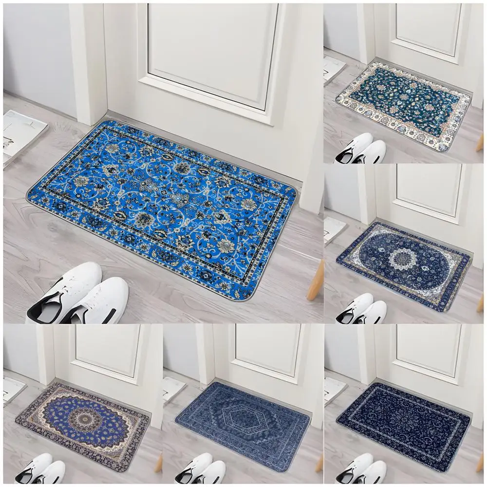 Gemusterter Eleganter P-Persischer Teppich Blaue Bodenmatte Rutschfeste Waschbare Flanell-Türmatte Saugfähiger Innen-Bodenteppich