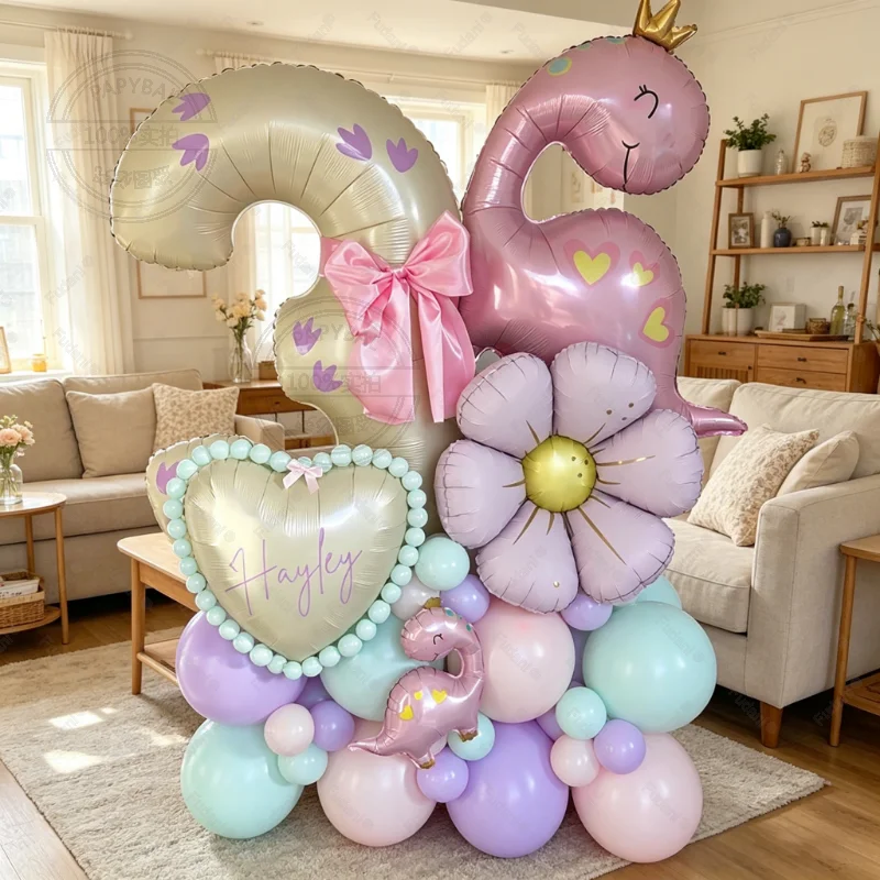 39-teiliges Kronen-Dinosaurier-Ballon-Set Rosa Zahlen-Geburtstagsballons Makronen-Ballons Festliche Partydekoration Überraschungsgeschenk Image