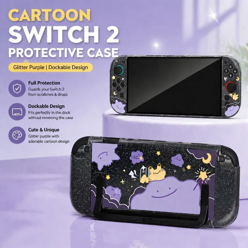 Cartoon-Schutzhülle für Nintendo Switch 2, Glitzer-Lila, Anpassbare Joy-Con-Konsolenhülle, Einsetzbare Dock-Abdeckung Image