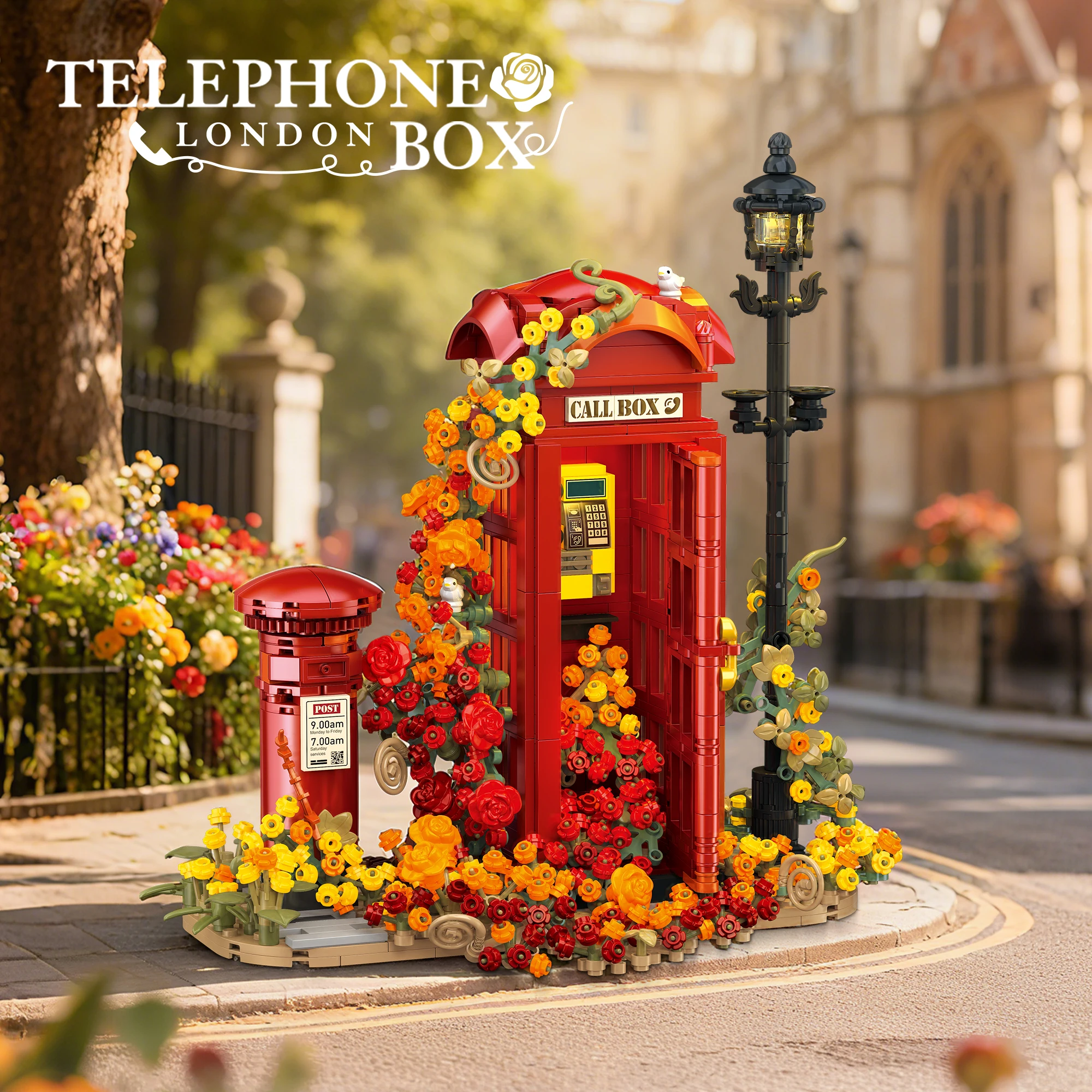 British Street View Telephone Booth Mailbox Building Blocks, 1142pcs STEM Architecture Model With Light, Technical DIY Gift
