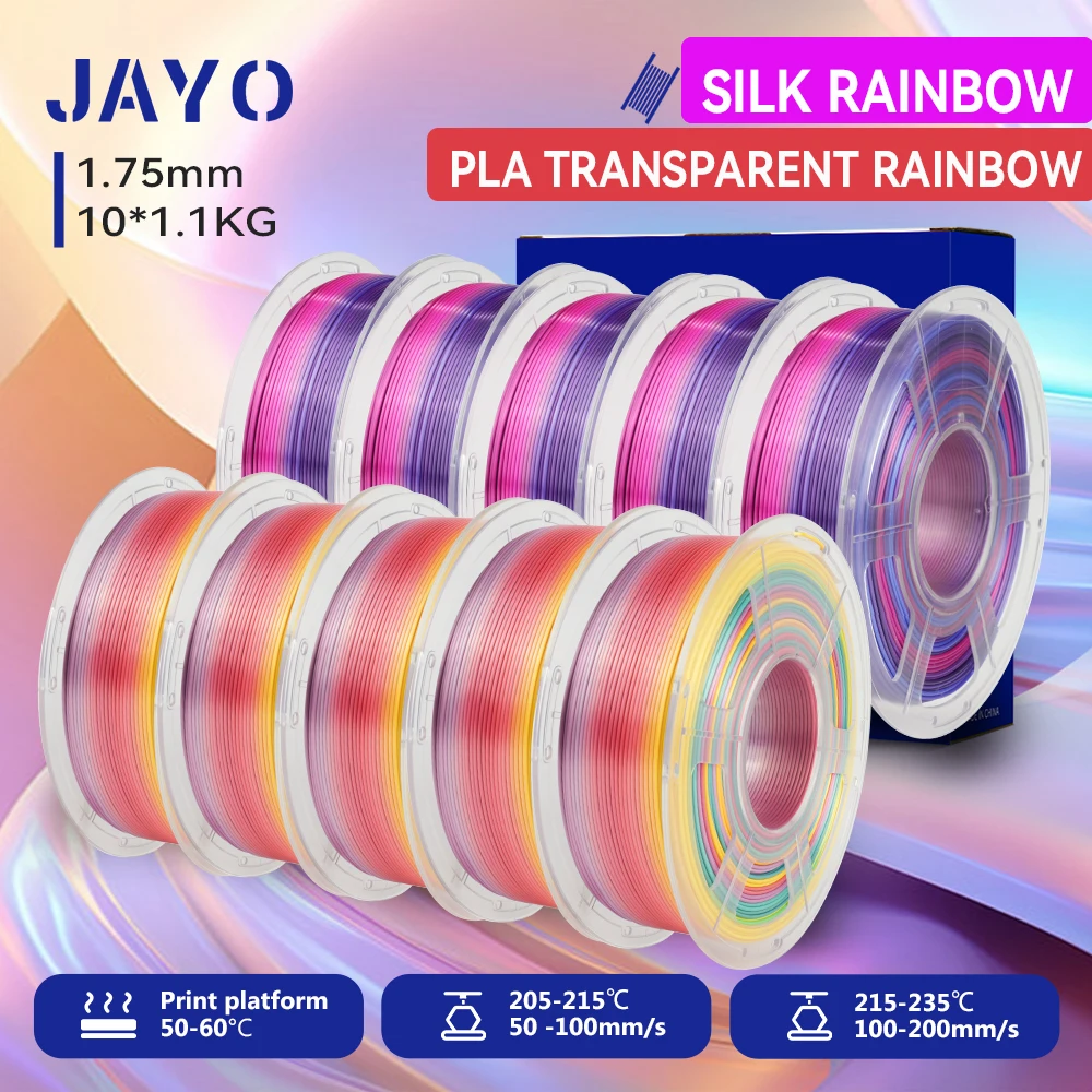 JAYO 10 Rollen 3D PLA Transparentes Regenbogen-Filament 1,75 mm SILK Rainbow 3D-Filament für 99 % FDM, ordentlich gewickeltes 3D-Druckmaterial Image