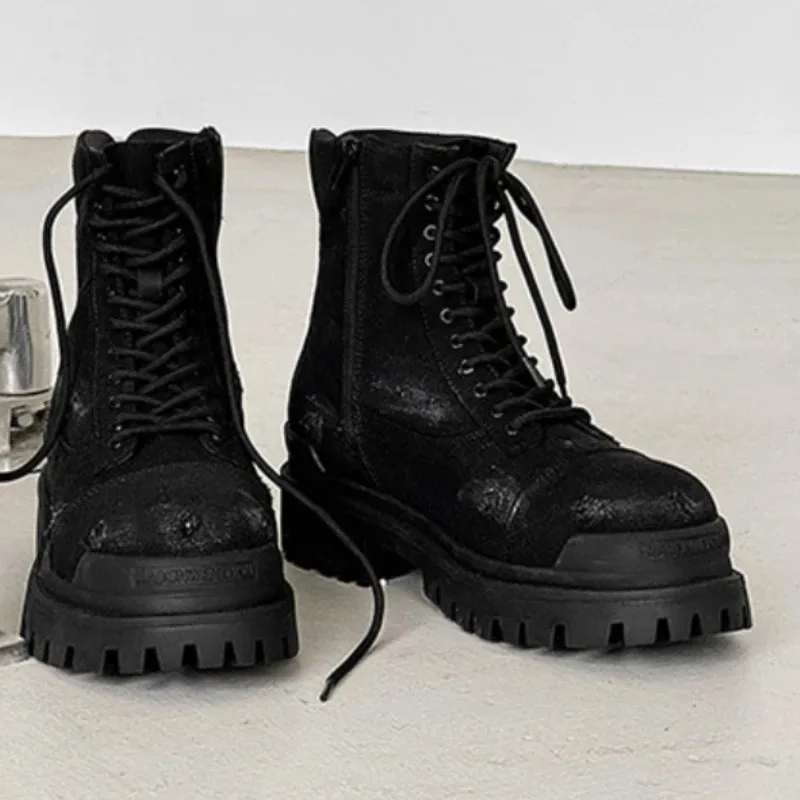 Herren Distressed High-Top Motorradstiefel Vintage Schnürstiefel mit Reißverschluss Dicke Sohle Rutschfeste Schwarze Biker-Schuhe