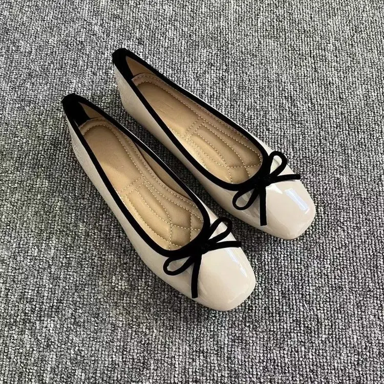 French Vintage Bow Ballet Flats for Women Square Toe Patent Leather Memory Foam Insole Non Slip Lightweight Office Daily Shoes