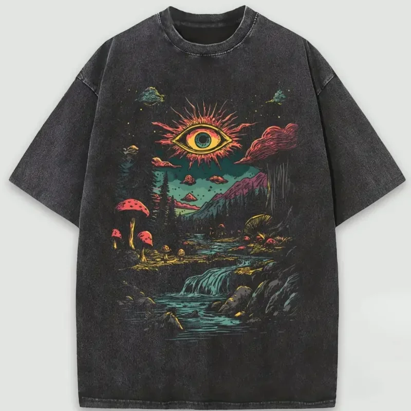 Retro Trippy Mushroom Eye T-Shirt für Männer und Frauen, gewaschenes schwarzes Oversize-T-Shirt, lässige Streetwear, psychedelische Grafik-Tops Image