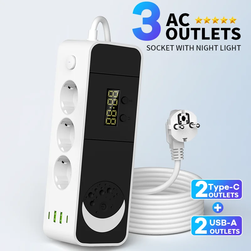 EU 7-in-1 Steckdosenleiste: 3 AC, 2 USB-A, 2 Typ-C, Touch-Nachtlicht & Digitaluhr 2500W für Schlafzimmergebrauch