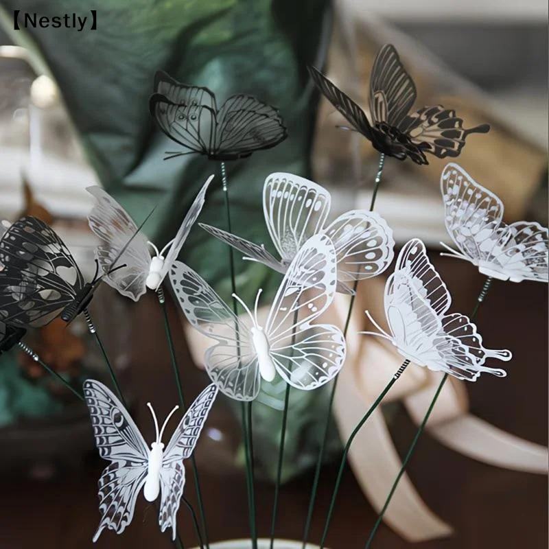 10/30pcs 3D Black White Faux Butterfly Garden Stake Flower Vase Decoration Outdoor Garden Patio Decoration〔Nest〕