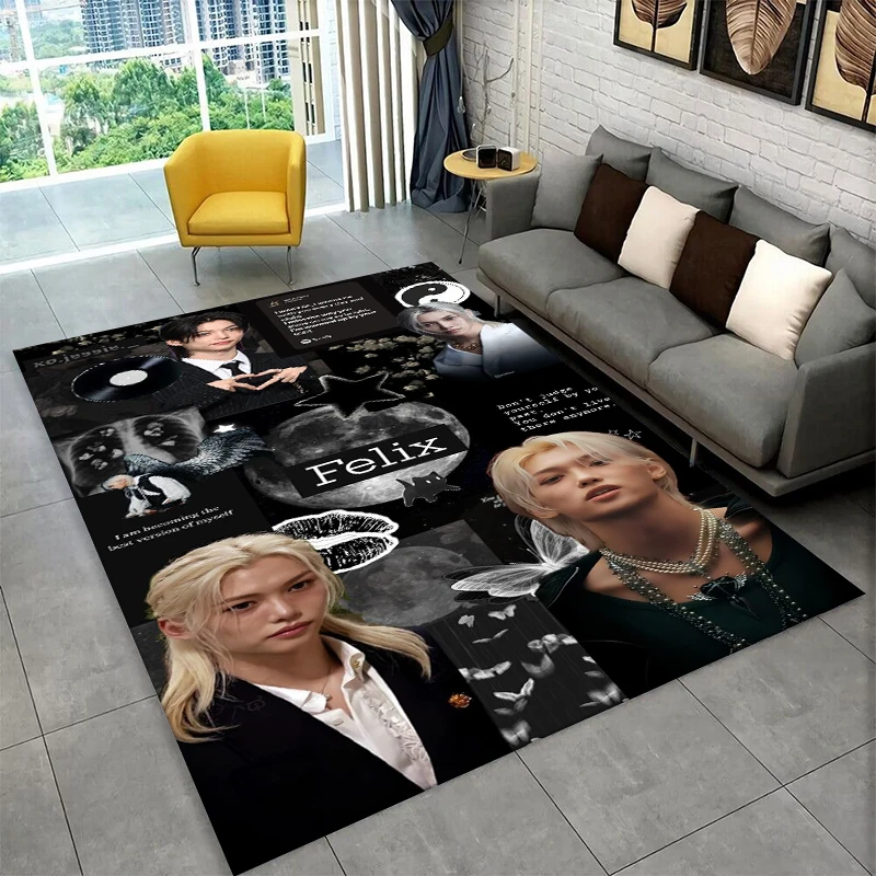 Kpop Felix Stray Kids Musikstar Teppich für Spielzimmer Schlafzimmer Wohnzimmer Sofa Heimdekoration, Kinderzimmerteppich Rutschfeste Bodenmatte Image