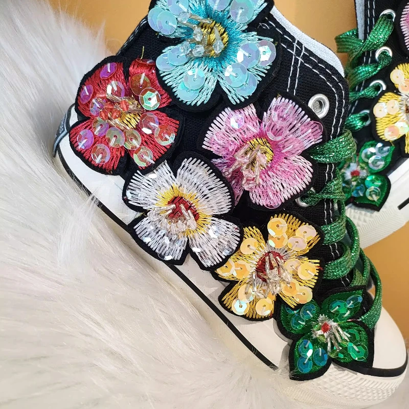 Luxus Kristall Bunte Blume Leinwand High Top Innere Höhe Blume Flut Frauen Casual Schuh Große Größe 43, 44, Mode Handmade