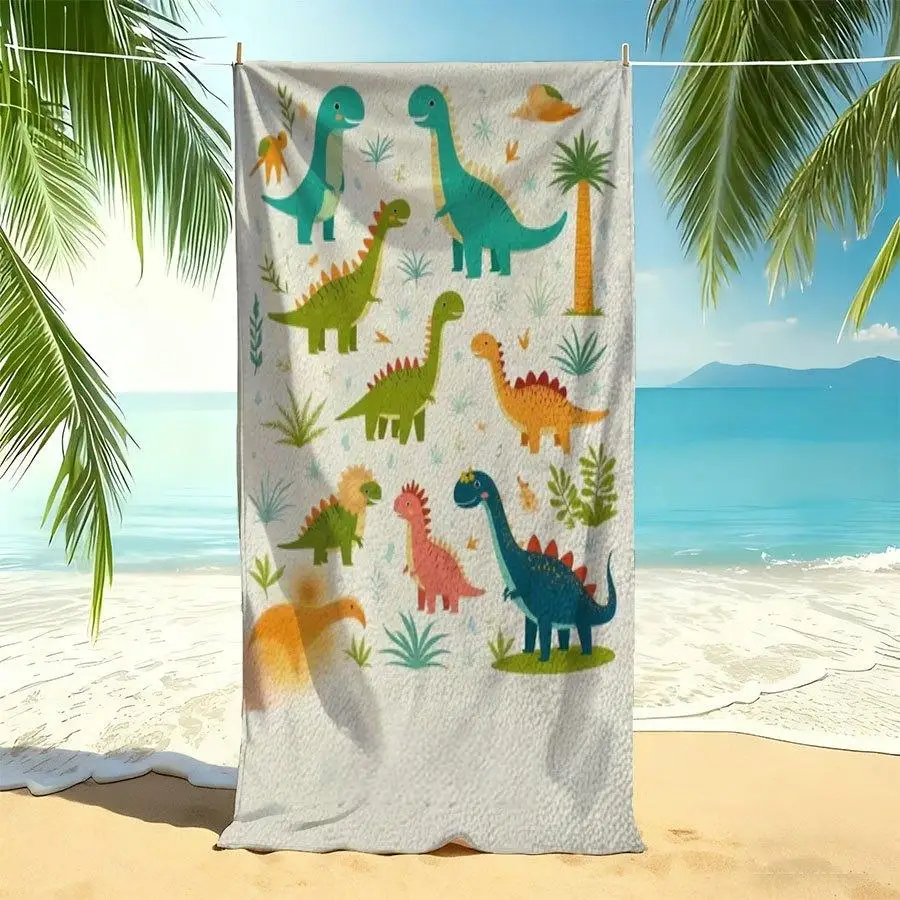 1 Stück Cartoon-Dinosaurier-Anime-Handtuch, gestreift im nordischen minimalistischen Stil, ideal zum Schwimmen, Camping, Baden, perfektes Geschenk für Jungen Image