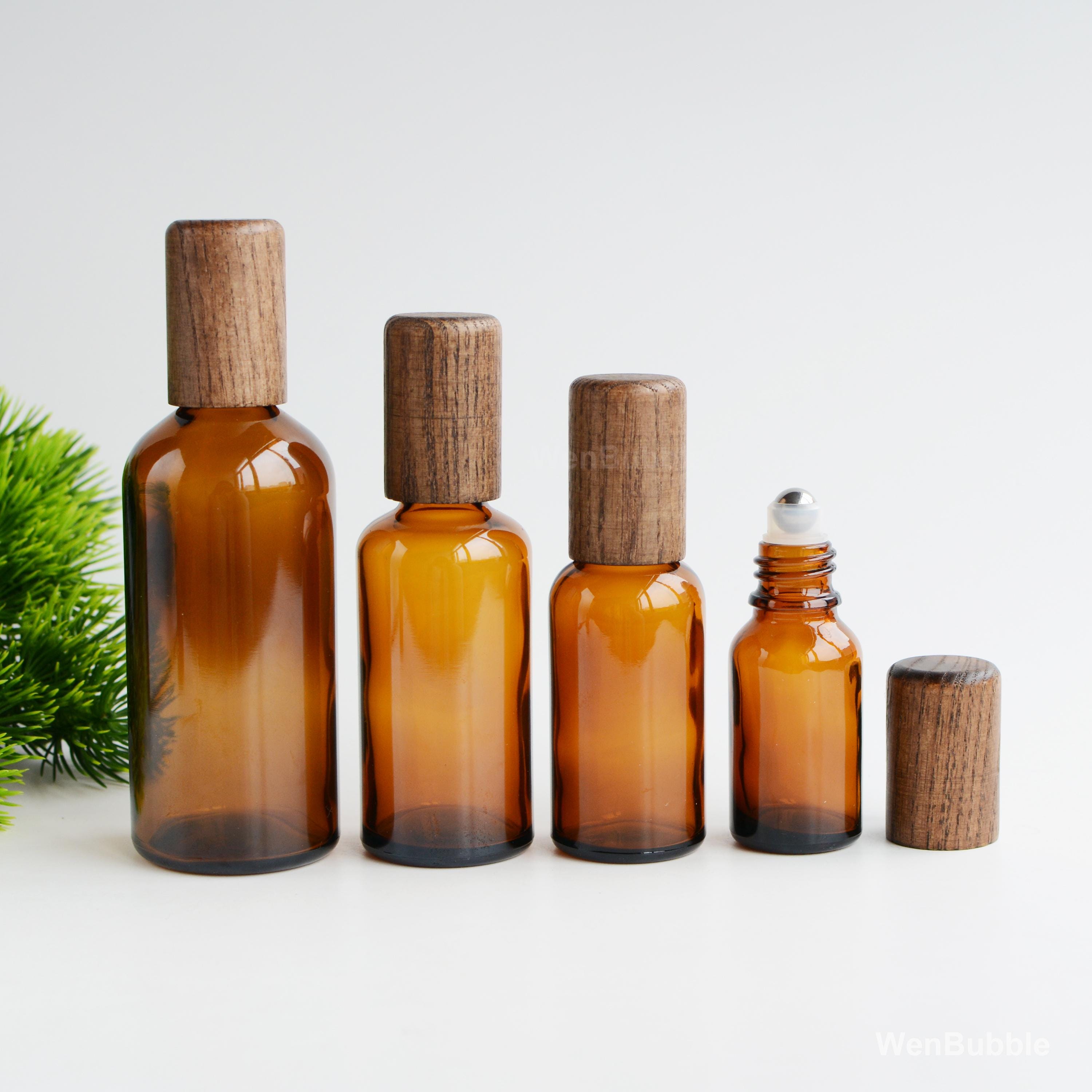 1-200 pezzi Flacone roll-on in vetro ambrato da 10 ml, 15 ml, 20 ml, 30 ml, 50 ml, 100 ml, per oli essenziali, flacone roll-on in legno scuro, vendita