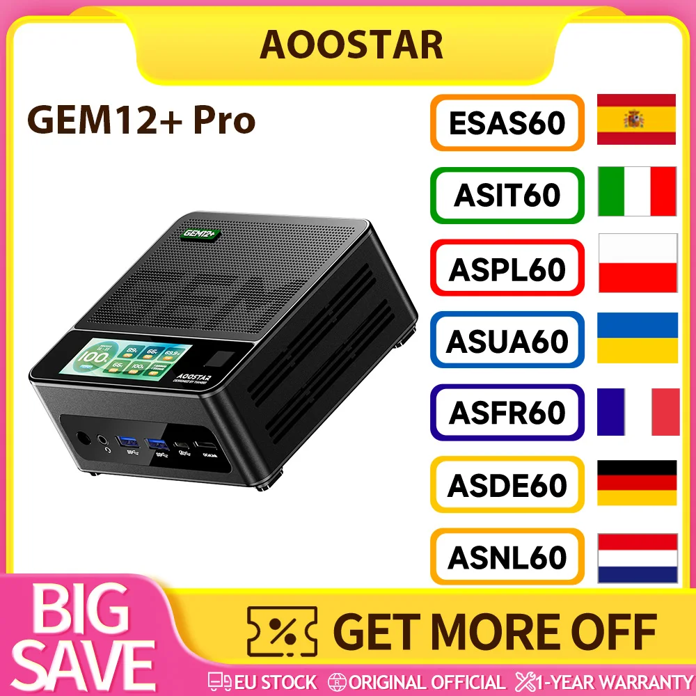 AOOSTAR GEM12+ Pro Mini-PC Barebone (Ohne RAM Ohne SSD) mit Display, AMD Ryzen 7 Pro 8845HS 8-Kern Max 5,1GHz, Fingerabdruck-Entsperrung, HDMI2.1 + DP1.4+ USB4 + Type-C 4K Vierfach-Bildschirmanzeige, WiFi 6 Bluetooth 5.2, 2*2.5G LAN, 2*USB3.2,... Image