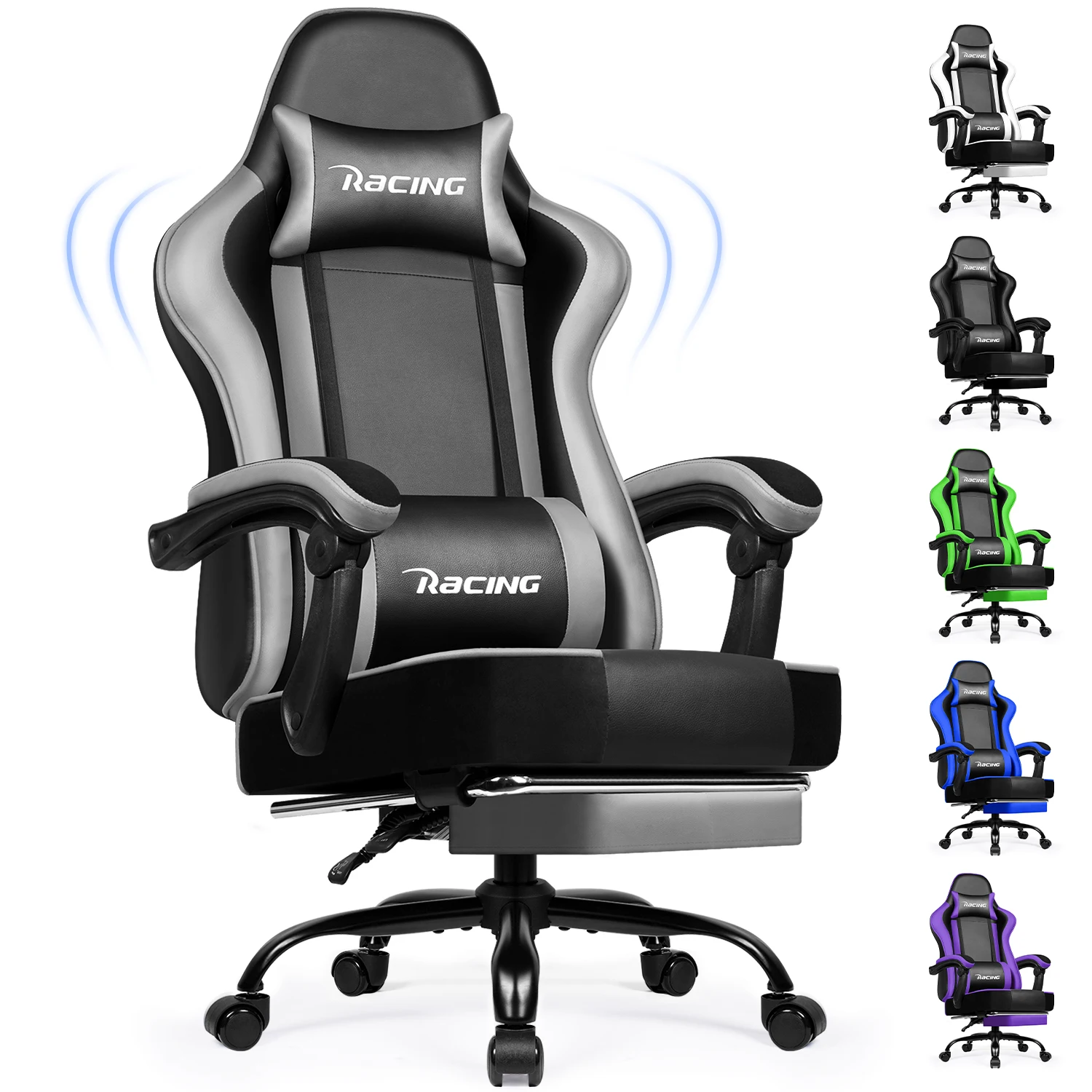 Portreen Gaming-Stuhl mit Fußstütze, ergonomischer Gaming-Stuhl, Gaming-Sessel mit verstellbarem Lendenkissen, Kopfstütze, höhenverstellbar drehbar, Schaukel-Funktion bis 170°, Gaming-Stuhl 150 kg, Schwarz, perfekt für Gamer & Home-Office
