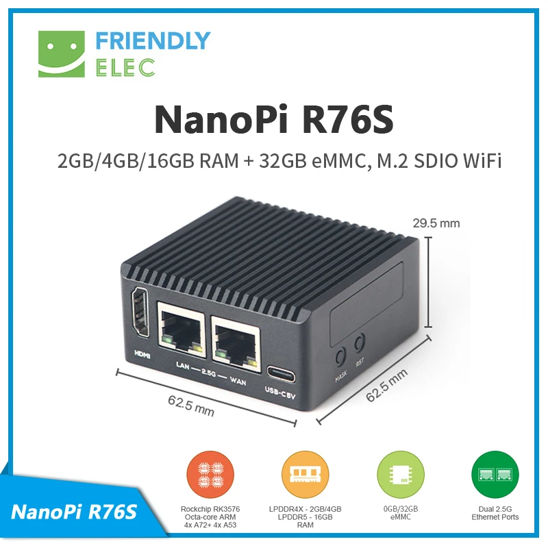 NanoPi R76S 3GB/4GB/16GB RAM +0/32GB/64GB eMMC,M.2 SDIO WiFi,RK3576,CNC Image