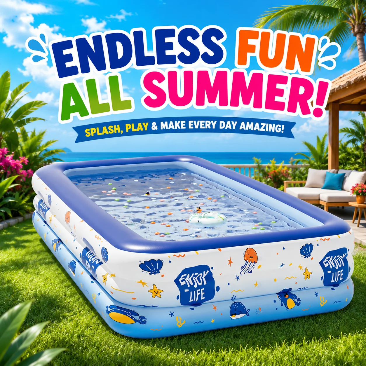 1 Stück Familien-Schwimmbecken mit Muster, Blau, Großes Aufblasbares PVC-Becken, Baby-Schwimmbecken für Drinnen und Draußen, Kleinkind-Badewanne Image