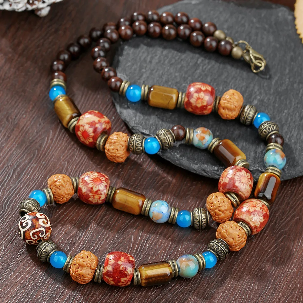 1 STÜCK Herren ethnische Boho Tigerauge Stein Perlen Halskette für Männer Tribal Böhmen Holz Bodhi Perlen Halskette Mann Schmuck Image