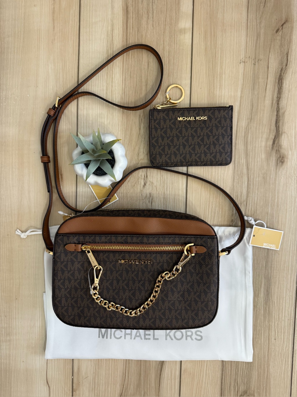 Michael Kors Bags | 3pcs Michael Kors Chain Crossbody Bag, Zip Coinpouch & Dust Bag Nwt - Brown Mk | Color: Brown | Size: Os