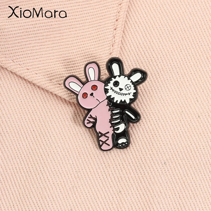 Pastell-Gothic Hasen-Emaille-Pins, Gothic-Skelett Rosa Kawaii Hase Y2K Tier-Brosche, Reversnadel, Rucksack-Abzeichen, Schmuckgeschenk für Freunde