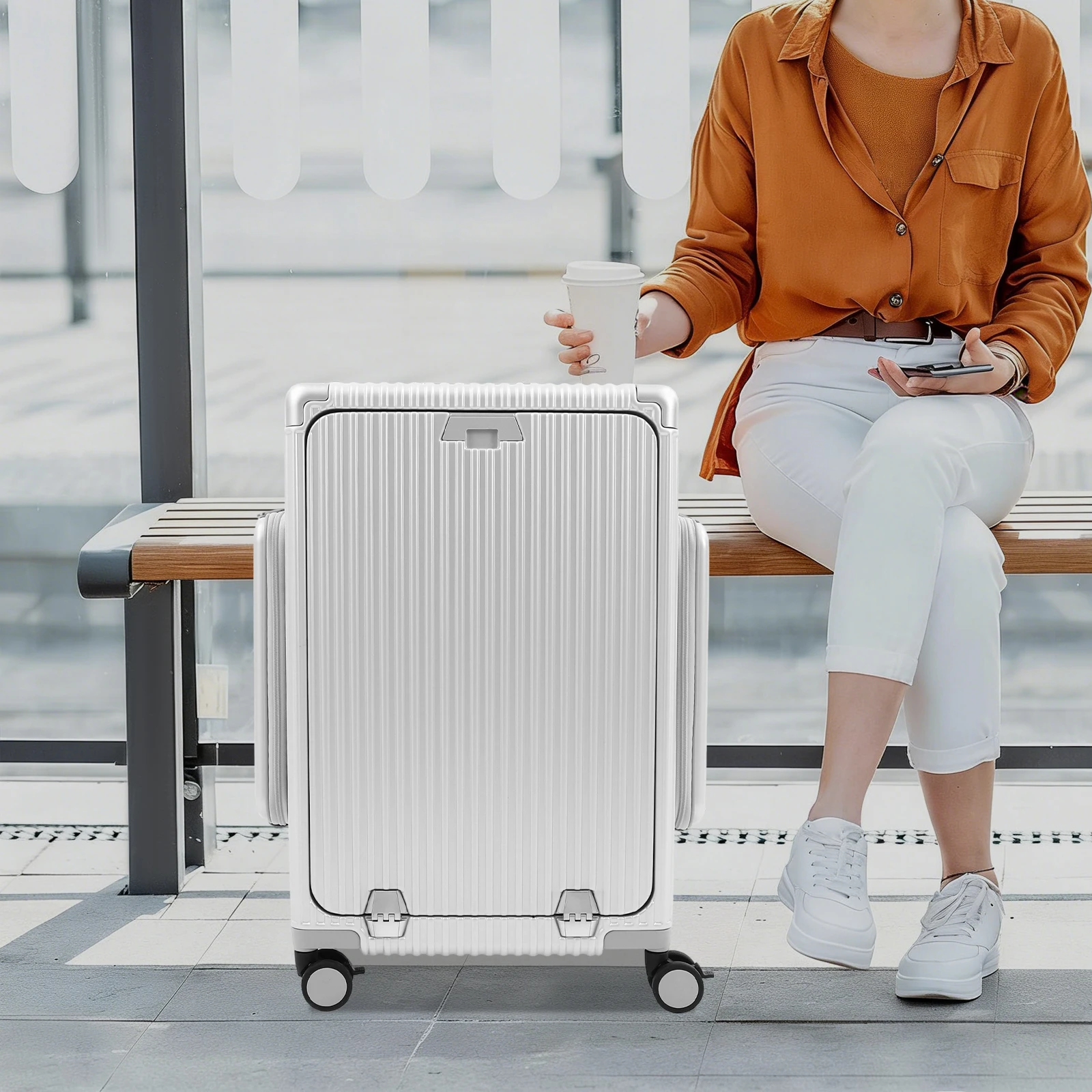 Valigia a tre aperture da 24 pollici color argento, valigia multifunzionale con apertura frontale, valigia con porte USB e Type-C, valigia da viaggio con 4 ruote, valigia da cabina, in PC di alta