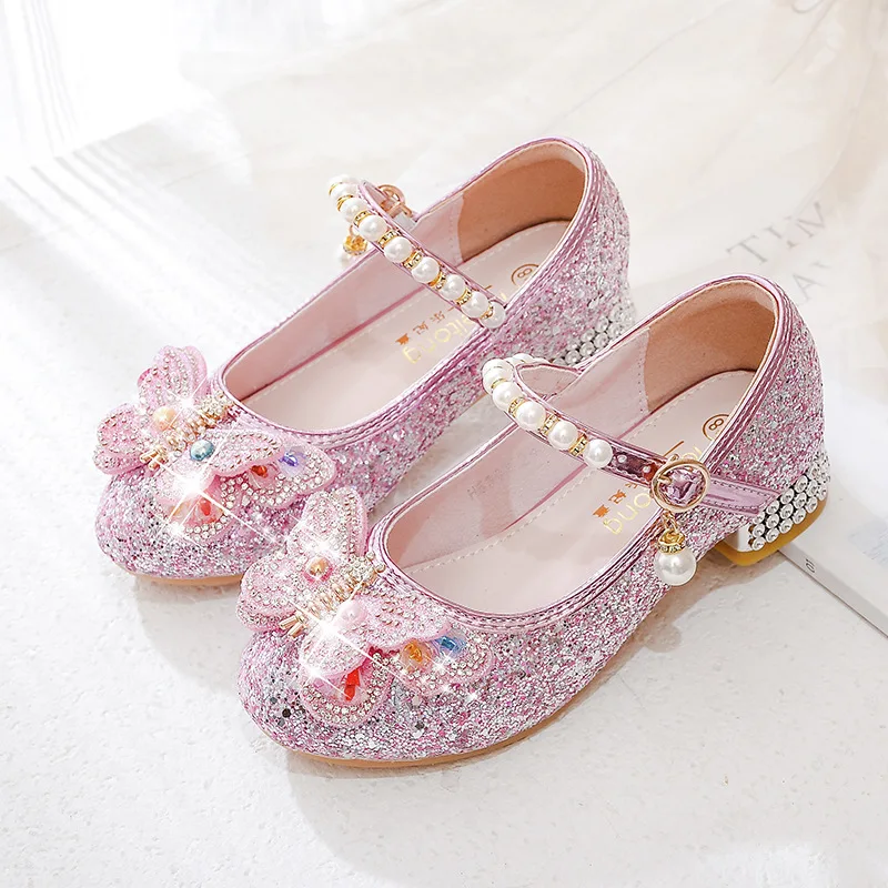 Mädchen High Heels Prinzessin Schuhe Kinder Kristall Showway Performance Schuhe Kinder Schmetterling Leder Schuhe Mädchen Party Schuhe