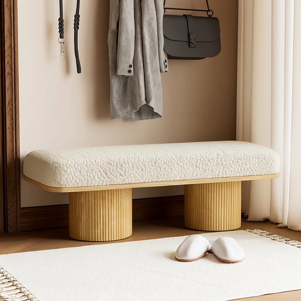 122cm Flauschige Teddy-Fleece-Bank, Massivholz-Basis Gepolsterter Hocker, Cremefarbene Akzentbank für Eingangsbereich Schlafzimmer Wohnzimmer Image
