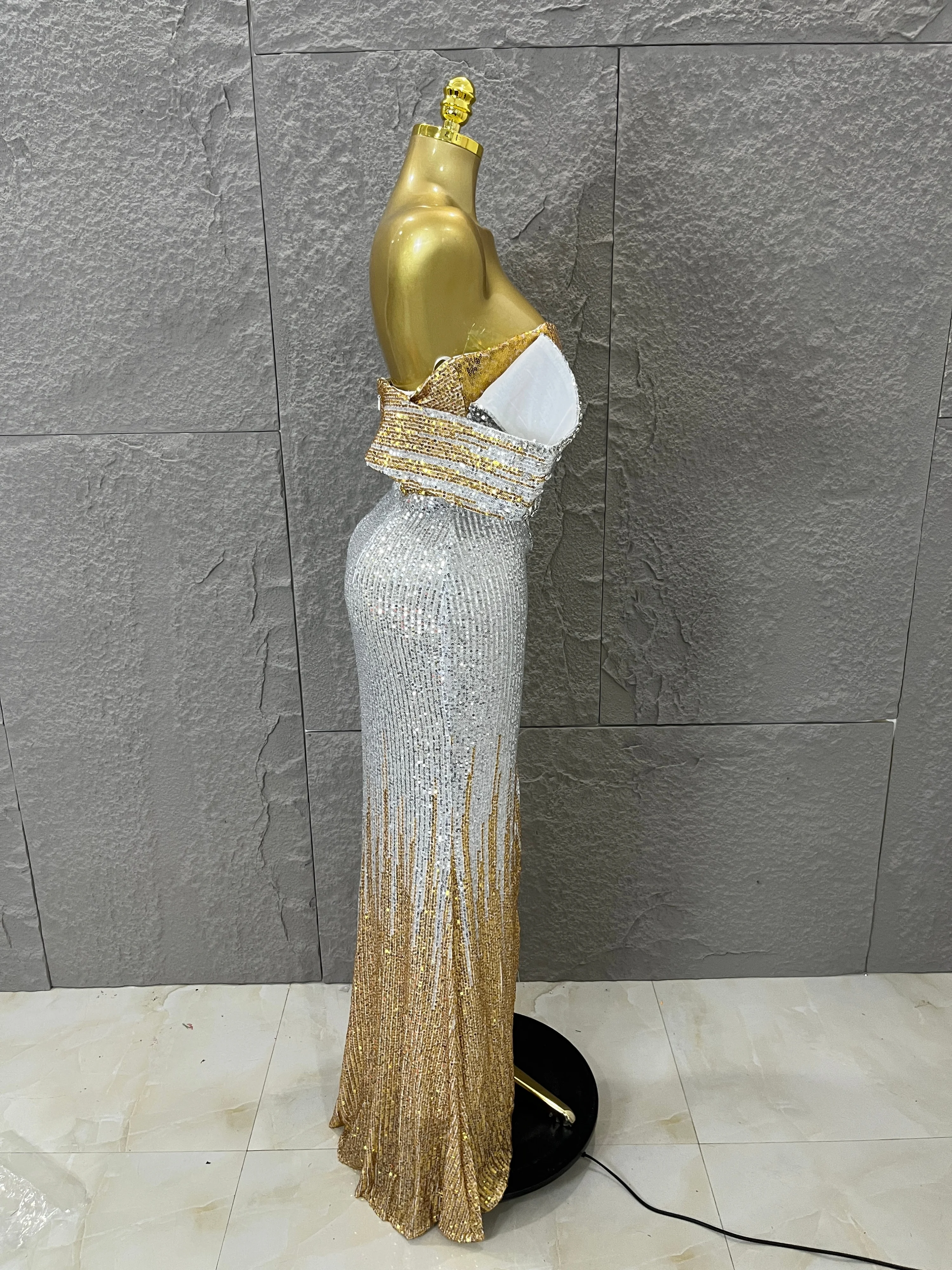 Sparkly Silver Gold Sequin Off Shoulder High Slit Dress Allover Glitter Evening Party Club Birthday Gala Celebration Event