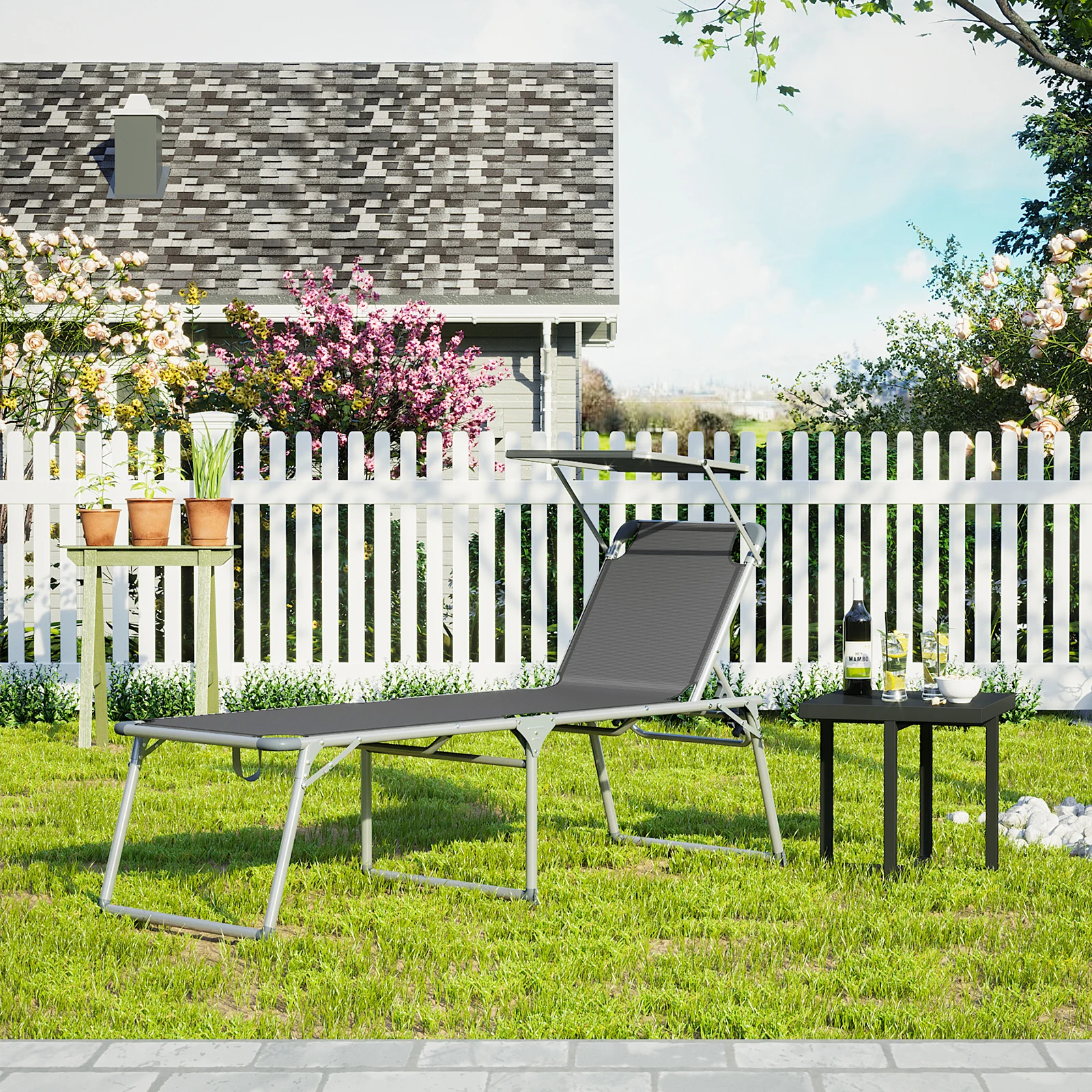 SONGMICS Sonnenliege mit Dach, Liegestuhl, Gartenliege, Aluminium, groß, 65 x 200 x 48 cm, bis 150 kg belastbar, Rückenlehne verstellbar, klappbar, Garten, Balkon, Terrasse, grau