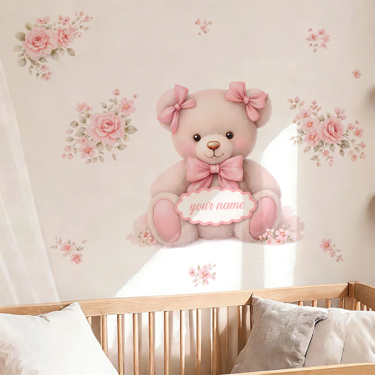 Personalisierter rosa Schleifen-Teddybär Wandaufkleber für Kinderzimmer, Mädchenzimmer, Kinderzimmer-Wandbilder, Aufkleber für Kinderzimmer, Schlafzimmer, Wohnzimmer, Heimdekoration
