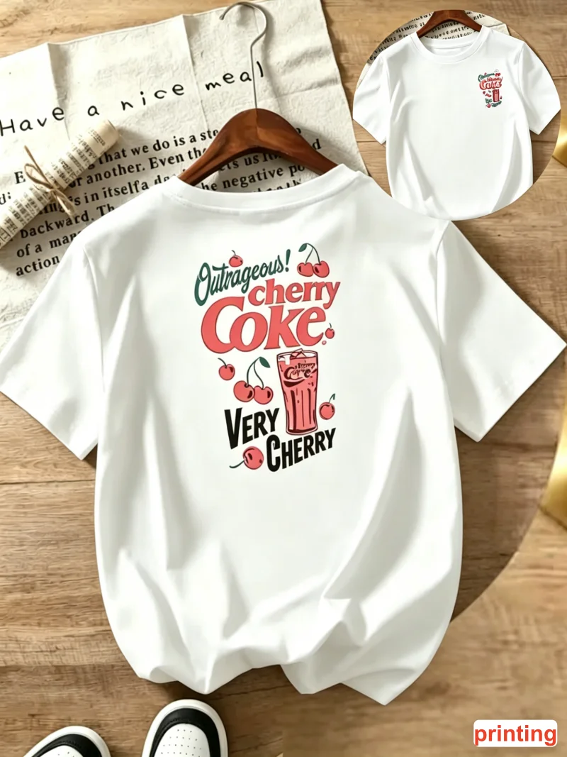 Vintage-T-Shirt mit Cherry-Cola-Print, Rundhalsausschnitt, kurze Ärmel, Grafik-T-Shirt mit Soda-Motiv, ideal für lässigen Alltags- und Urlaubs-Street-Style