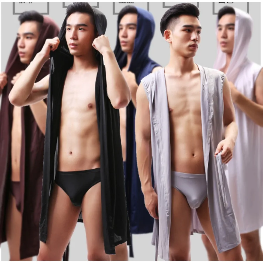 Herren Sexy Pyjama Schlafanzug Seiden-Pijama Hombre Kapuzen-Bademantel Herren-Bademantel Sommer-Kleid Bademantel Locker Lässige Schlaf-Oberteile Image
