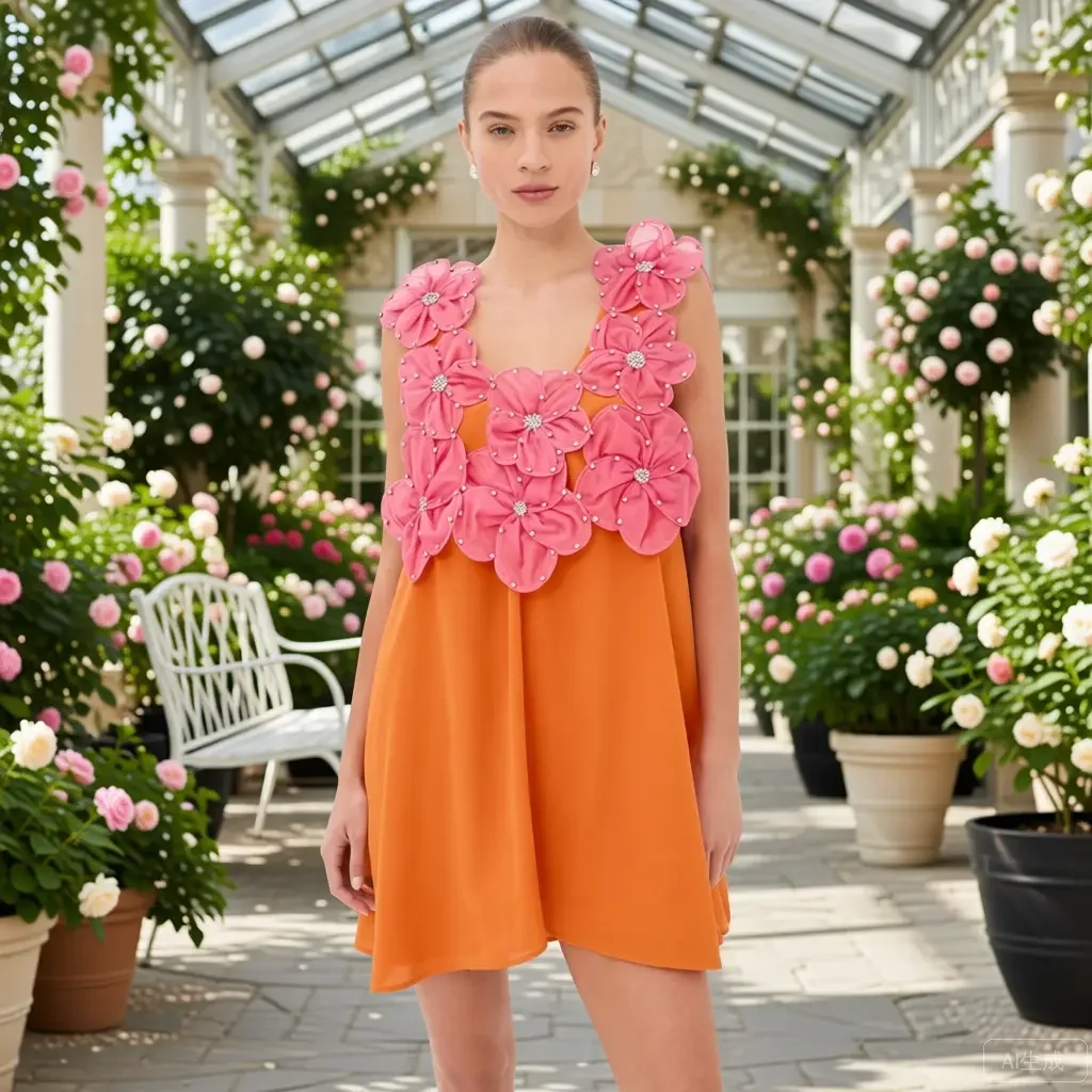 Luxuriöses Mini-Partykleid in leuchtendem Orange mit V-Ausschnitt, Chiffonkleid mit pinkfarbenen Paillettenapplikationen, Sommer-Abendkleider, sexy Minirock
