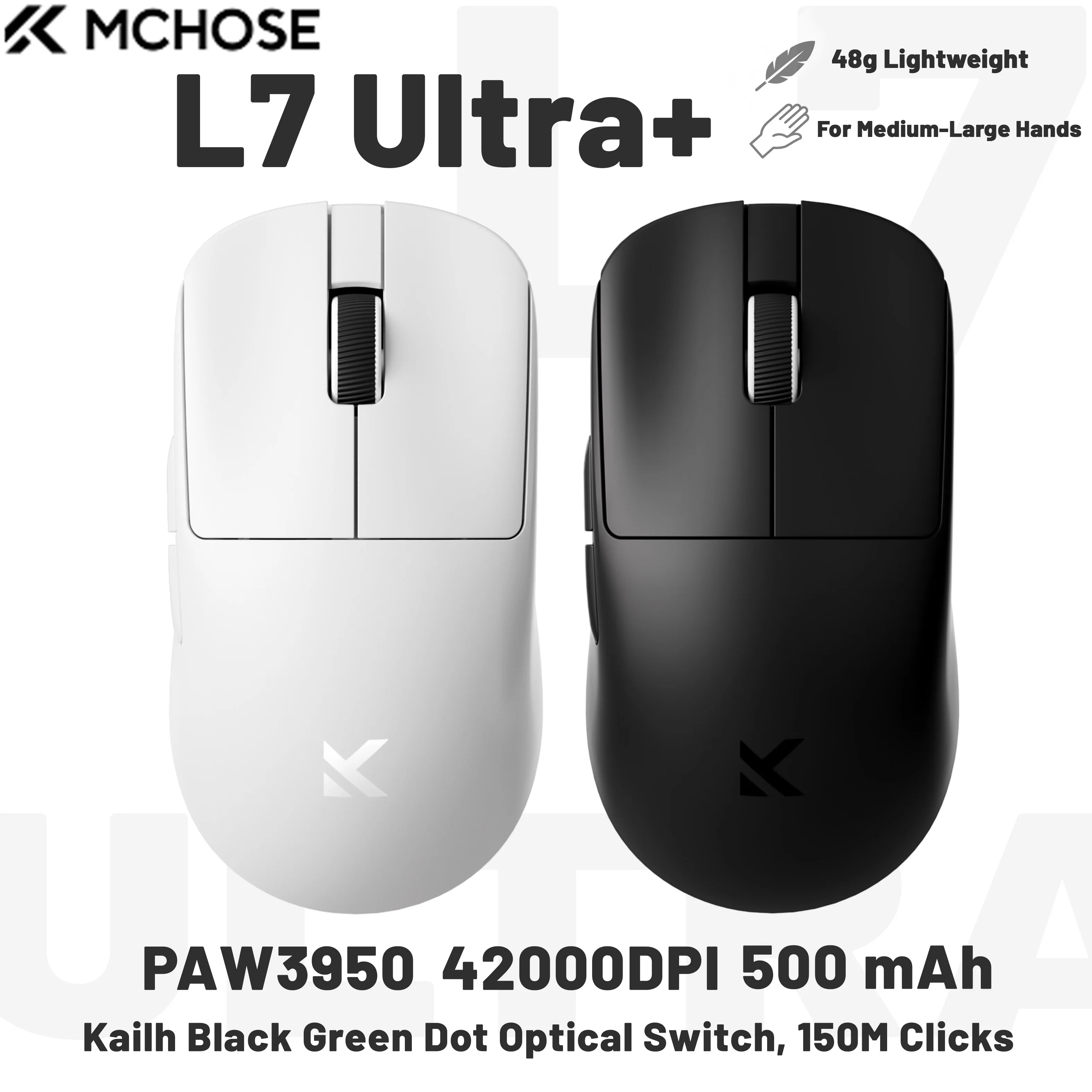 MCHOSE L7 Kabellose Gaming-Maus L7 Ultra+ PAW3950 26K Sensor Dual 8K Polling 39g Ultraleicht 2,4GHz RF/BT/Kabelgebunden Tri-Modus Image