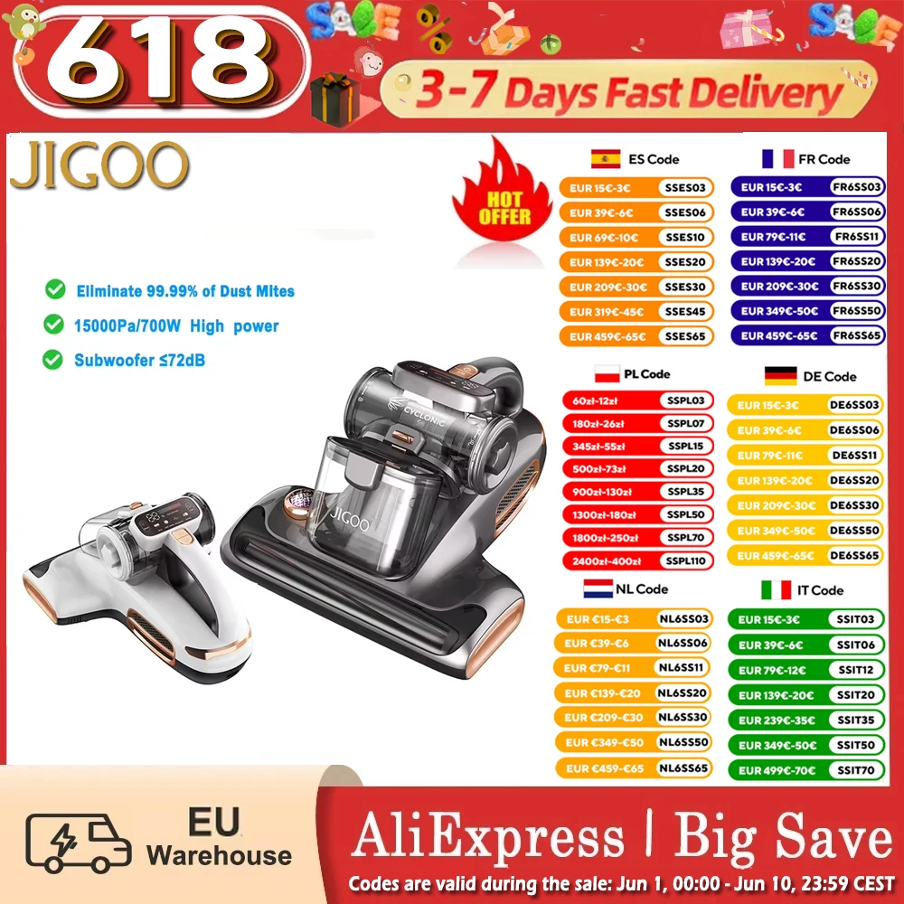 JIGOO T600 Bettmatratzen-Staubsauger 700W 15KPa Saugkraft EU-Doppelbecher-Design-99,99% Staubmilbenentfernung mit Aroma-Diffusionssystem Image