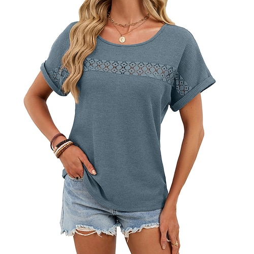 Per donna Maglietta Waffle Pizzo Tinta unica Elegante Classico Manica Corta Manica corta Scollo a V Top Regolari Casuale Blu grigio Nero Mattone rosso Albicocca Estate Primavera