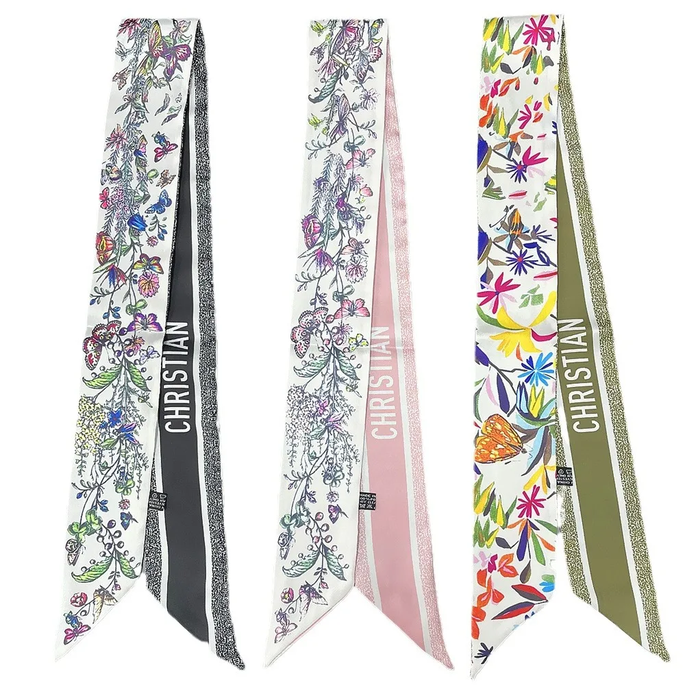 Vielseitiges Schmetterlings-Blumenmuster-Design, modisches langes Seidenband, kleiner Seidenschal, Foulard, Haar- und Halstuch, Stirnband für Damen Image