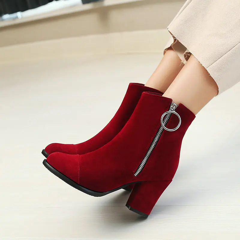 Extra große Größe 33–54 Winterschuhe aus Wildlederimitat, braun, burgunderrot, runde Zehenpartie, Block-High-Heels, Ankle Bootie, kurze Stiefel