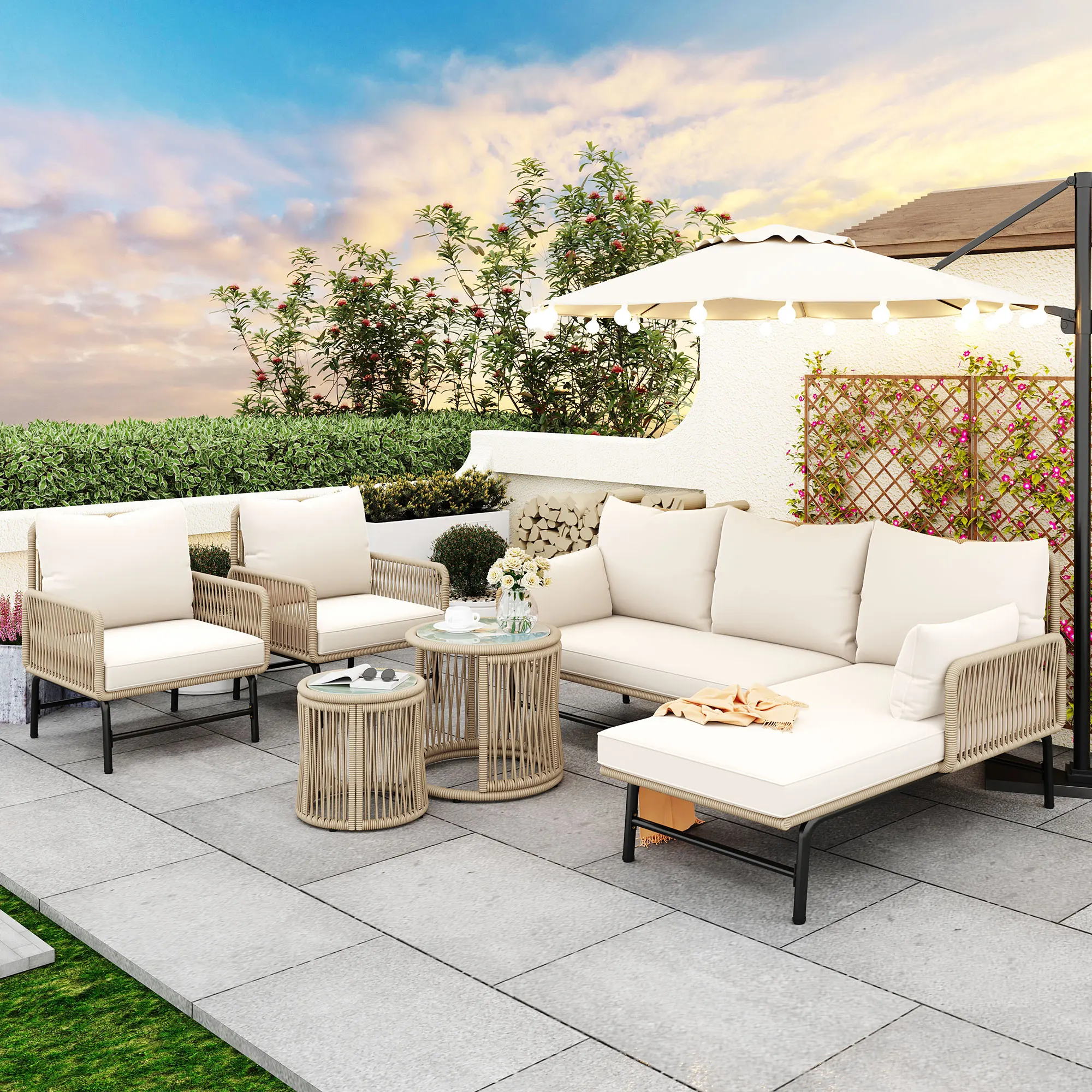 Ensemble de salon de jardin, ensemble de meubles de jardin, avec structure en fer et corde beige, mobilier de jardin extérieur en corde tressée, beige, deux fauteuils