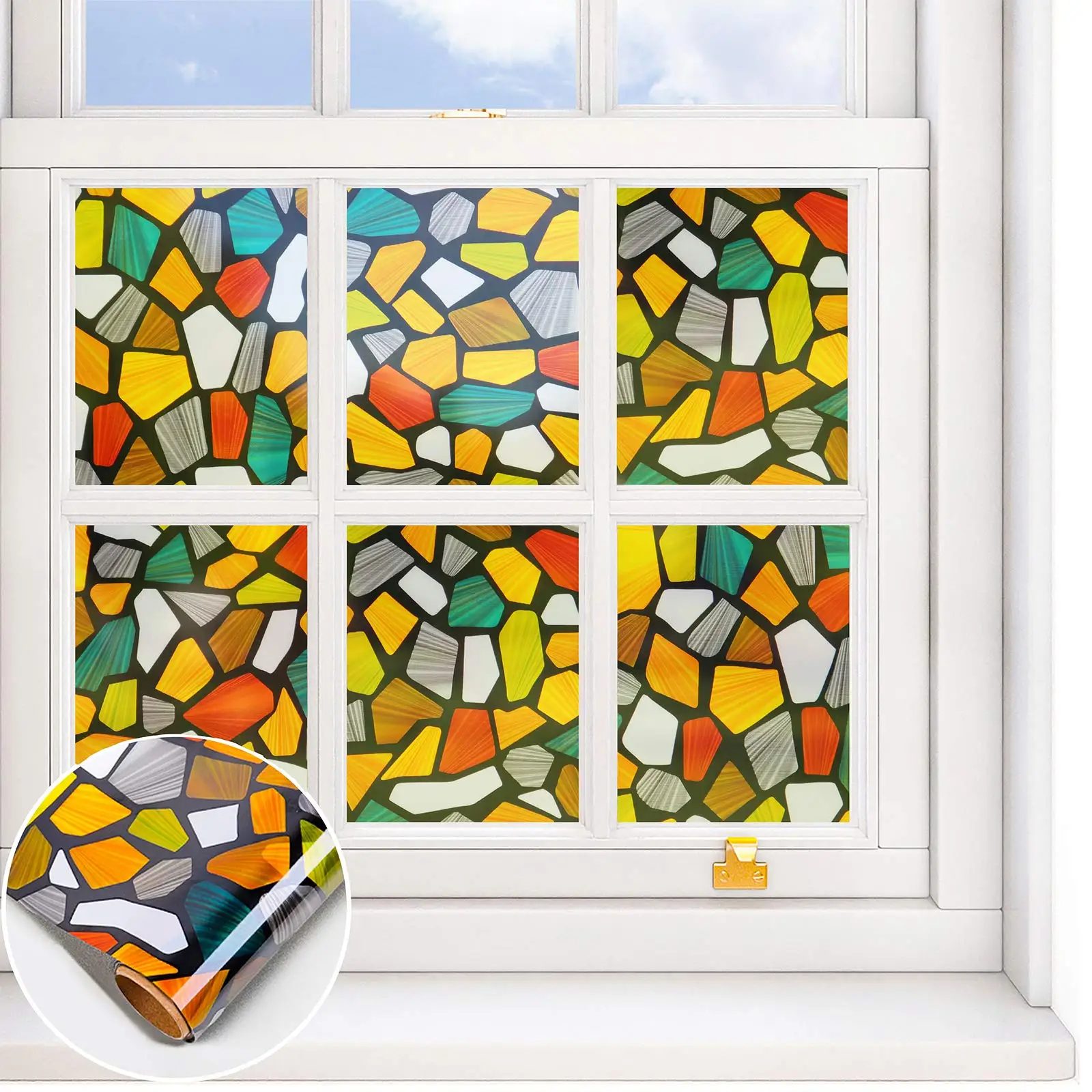 Buntglas-Fensterfolie mit Farbstein-Effekt, Statisch Haftend, Ohne Klebstoff, Abnehmbar, UV-Schutz für Wohnzimmer und Glastüren Image